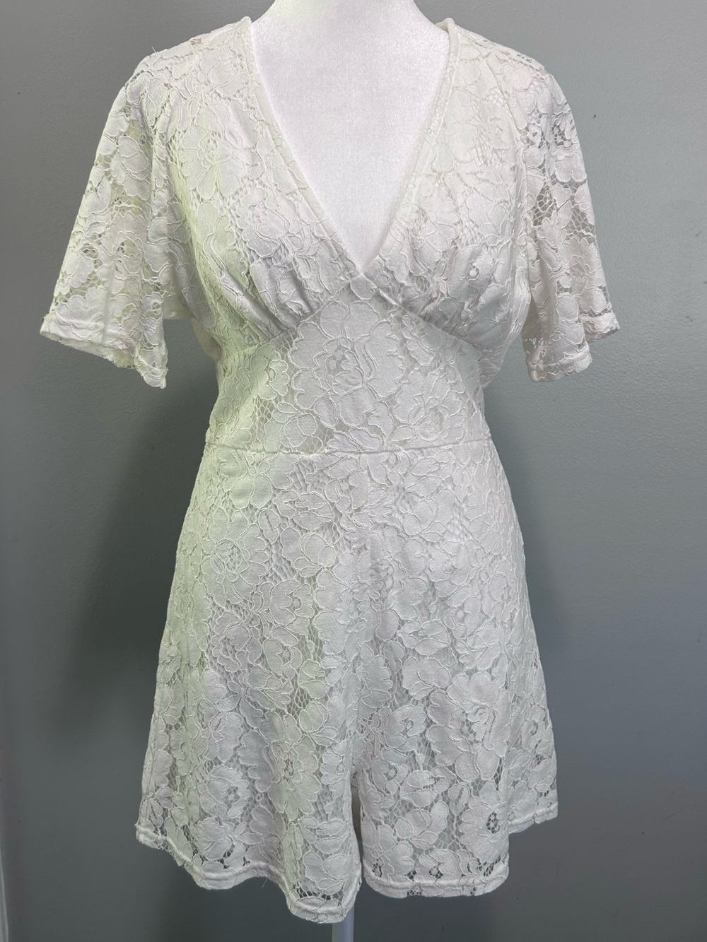 White Ivory Lace V-Neck Romper Bride Bachelorette Summer Rehearsal Honeymoon S